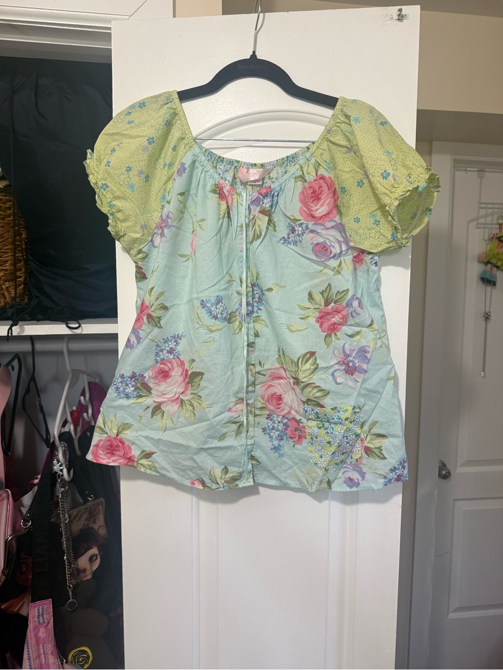 Victoria's Secret Light Blue Floral Peasant Top with Green Sleeves